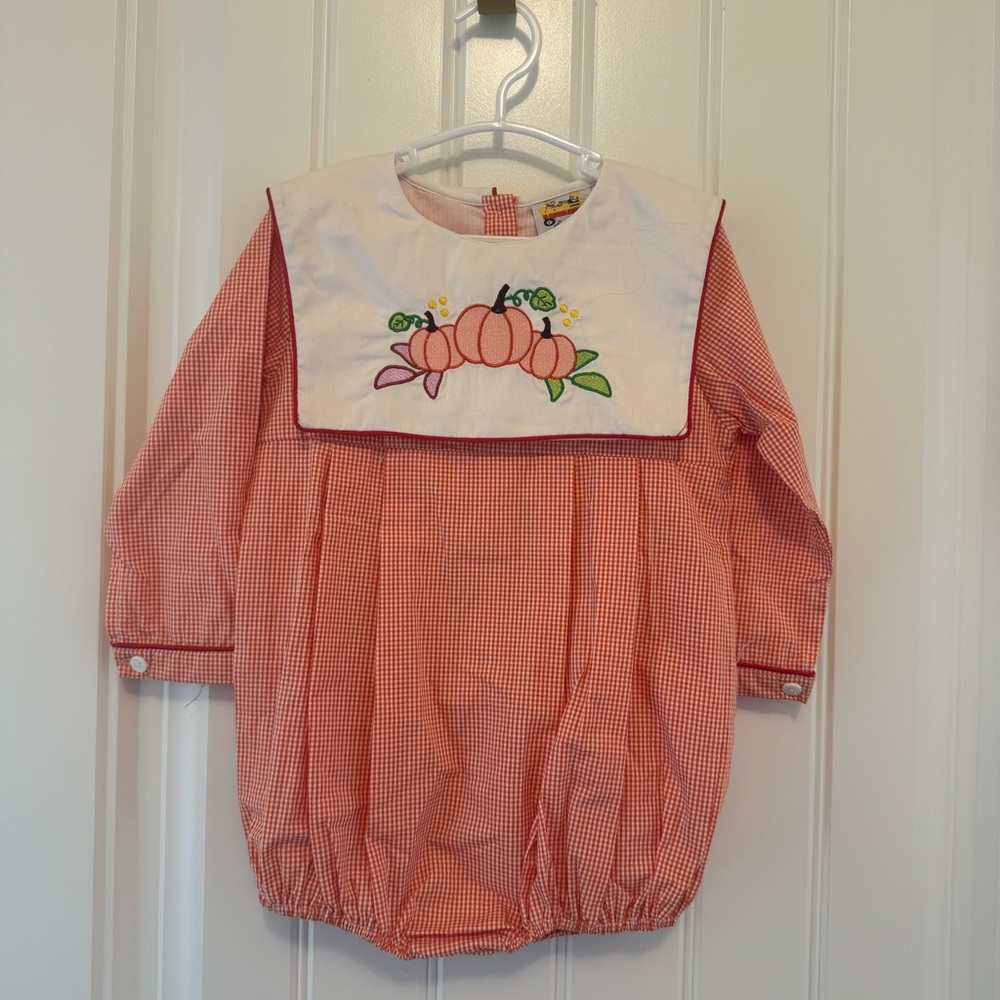 Embroidered Pumpkin Patch Toddler Outfit 3T Checkered Orange Bubble